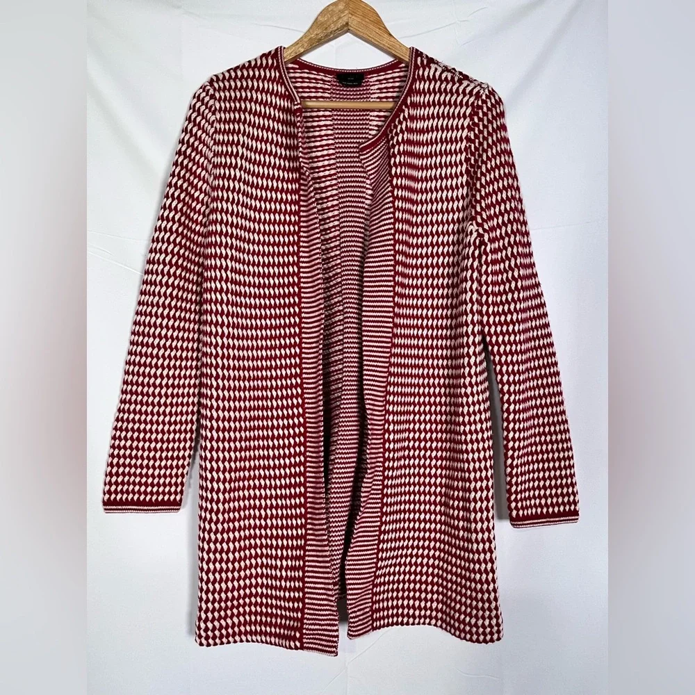 TALBOTS 100% Merino Wool Checkered Knit Cardigan Sweater Large Festive Holiday‎